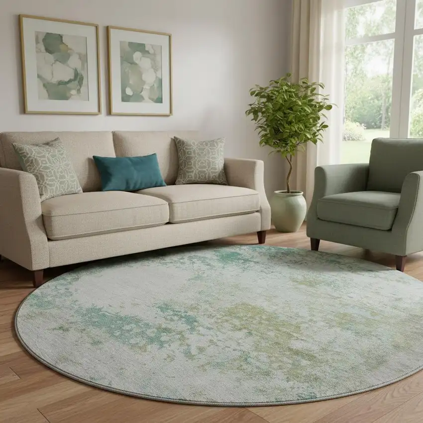 8' Light Taupe And Teal Abstract Washable Round Rug With UV Protection Photo 2