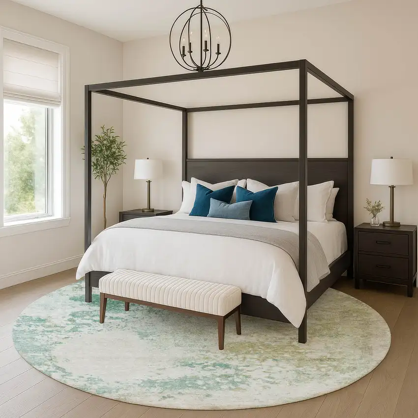 8' Light Taupe And Teal Abstract Washable Round Rug With UV Protection Photo 5