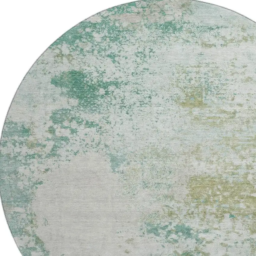 8' Light Taupe And Teal Abstract Washable Round Rug With UV Protection Photo 3