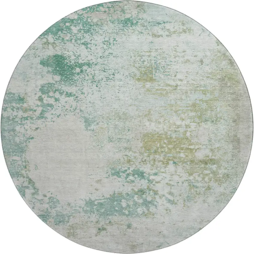 8' Light Taupe And Teal Abstract Washable Round Rug With UV Protection Photo 1