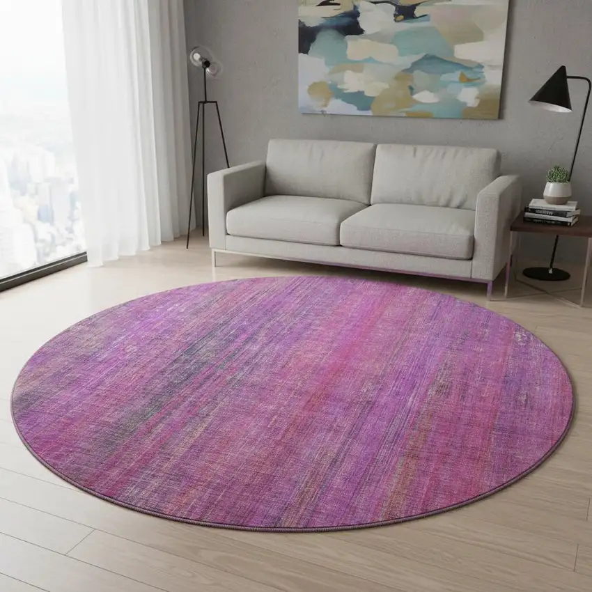 8' Lilac And Blush Striped Washable Round Rug With UV Protection Photo 2