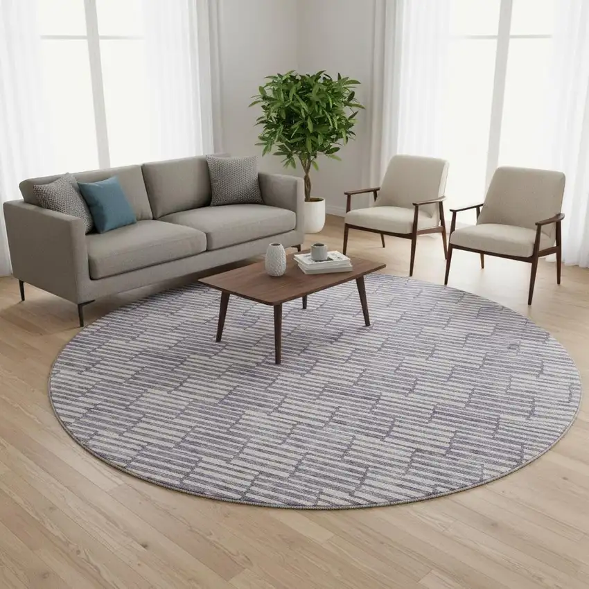 8' Lilac And Ivory Abstract Geometric Washable Round Rug With UV Protection Photo 2