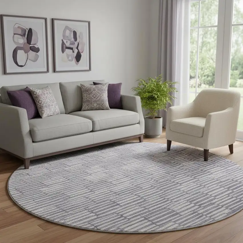 8' Lilac And Ivory Abstract Geometric Washable Round Rug With UV Protection Photo 1