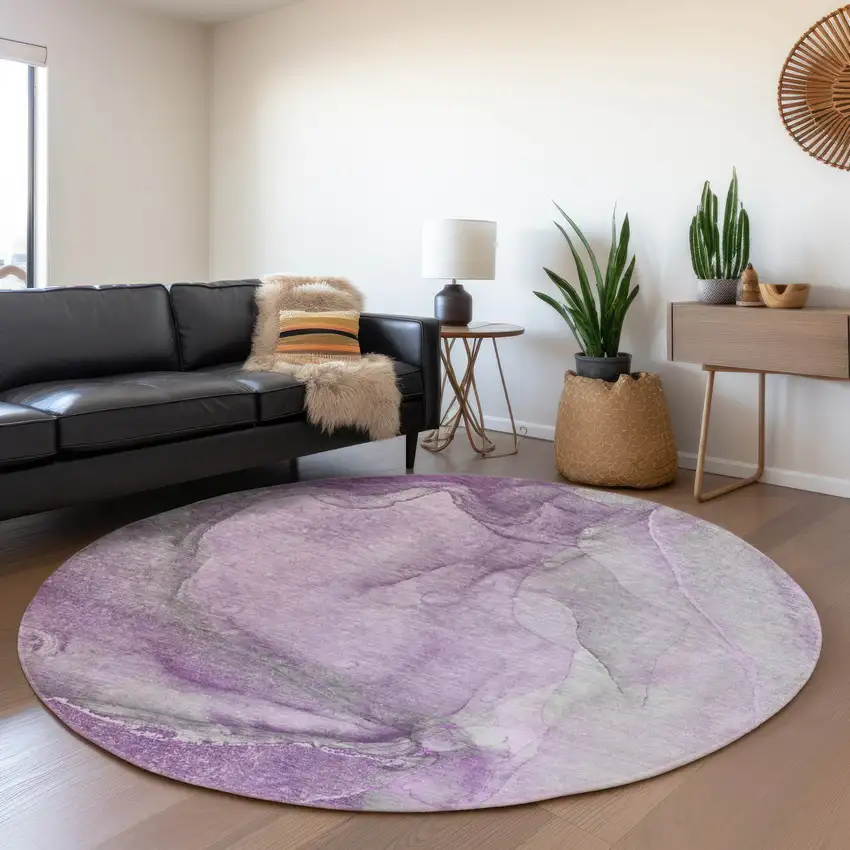 8' Lilac And Ivory Abstract Washable Round Rug With UV Protection Photo 5
