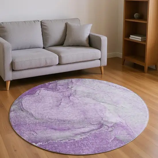 8' Lilac And Ivory Abstract Washable Round Rug With UV Protection Photo 2