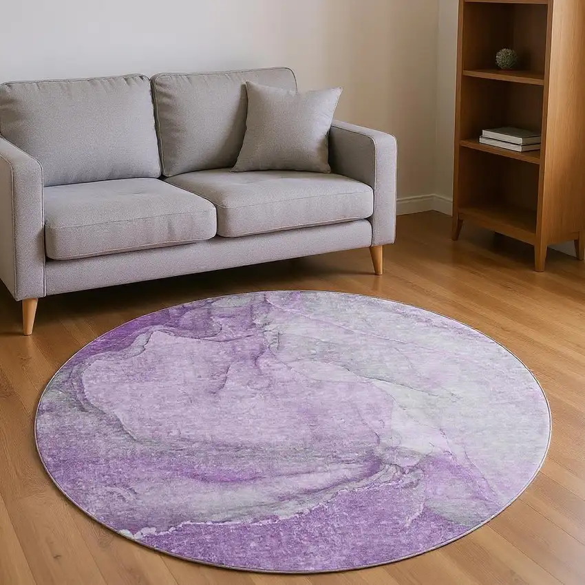 8' Lilac And Ivory Abstract Washable Round Rug With UV Protection Photo 2