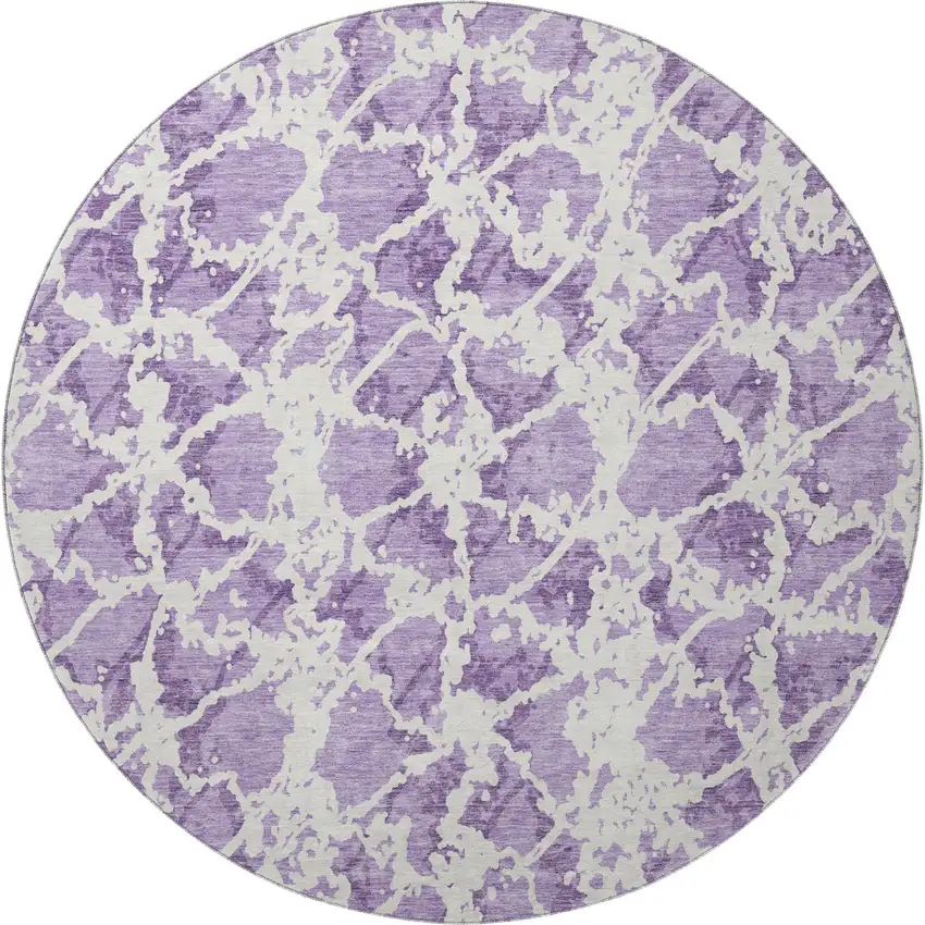 8' Lilac And Ivory Abstract Washable Round Rug With UV Protection Photo 3