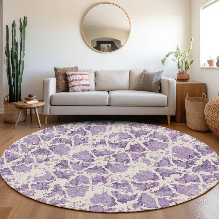 8' Lilac And Ivory Abstract Washable Round Rug With UV Protection Photo 4