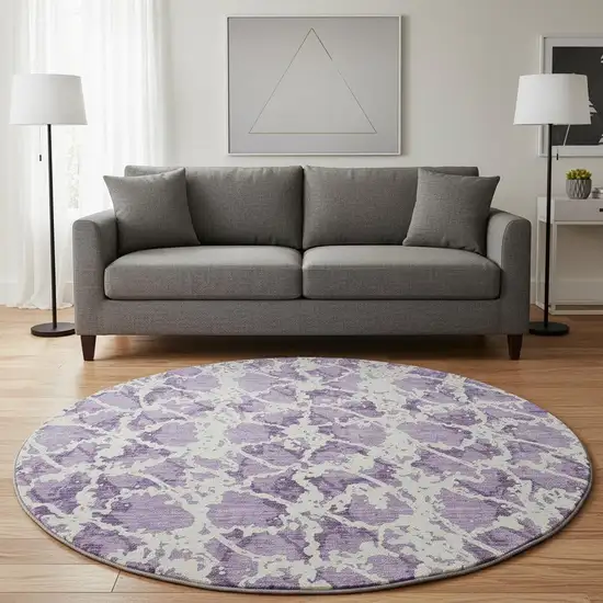 8' Lilac And Ivory Abstract Washable Round Rug With UV Protection Photo 2