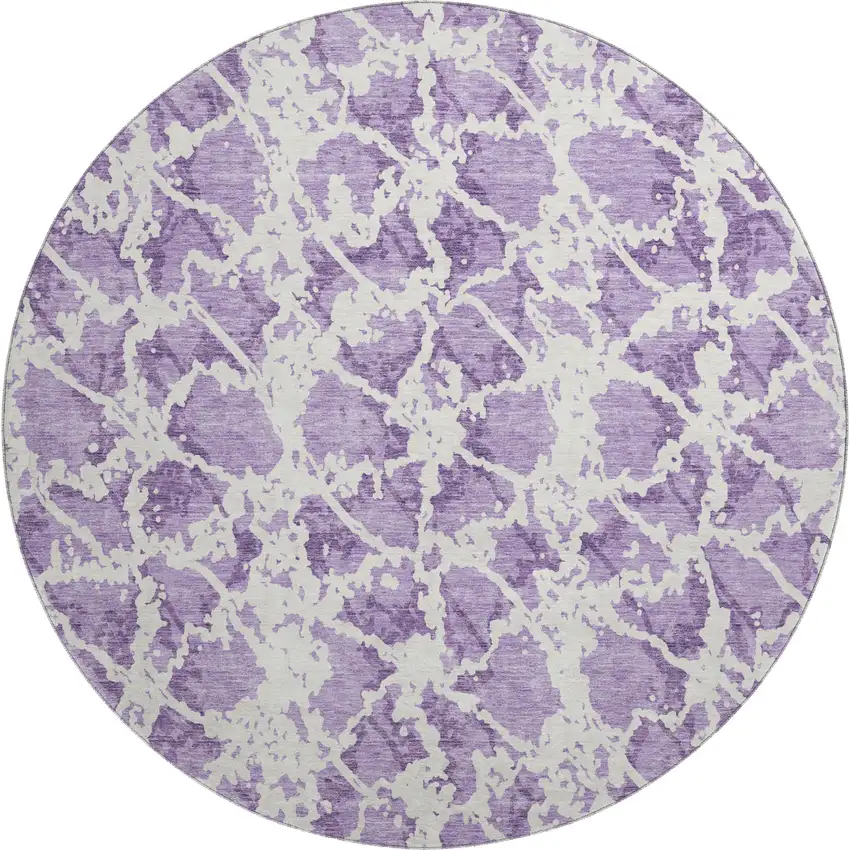 8' Lilac And Ivory Abstract Washable Round Rug With UV Protection Photo 1