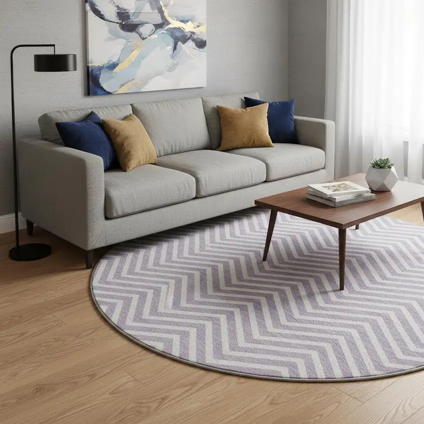 8' Lilac And Ivory Chevron Washable Round Rug With UV Protection Photo 2