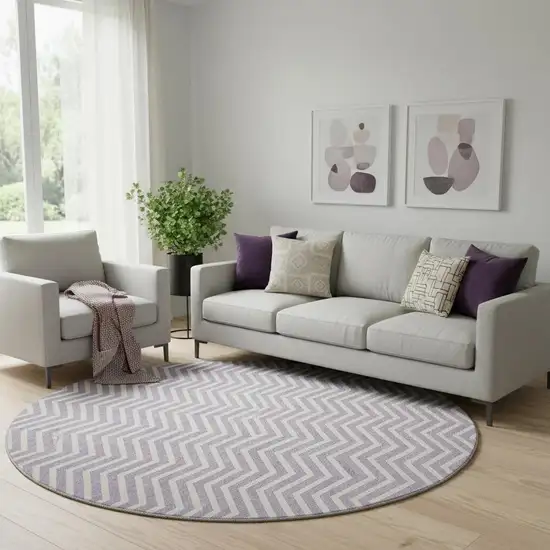 8' Lilac And Ivory Chevron Washable Round Rug With UV Protection Photo 1