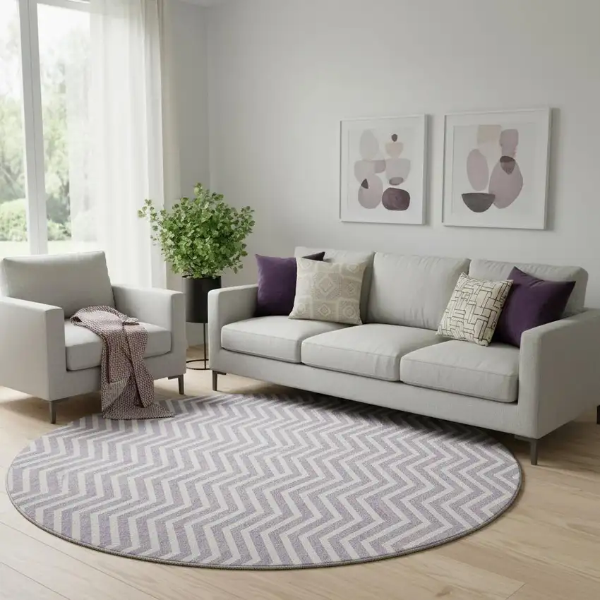 8' Lilac And Ivory Chevron Washable Round Rug With UV Protection Photo 1