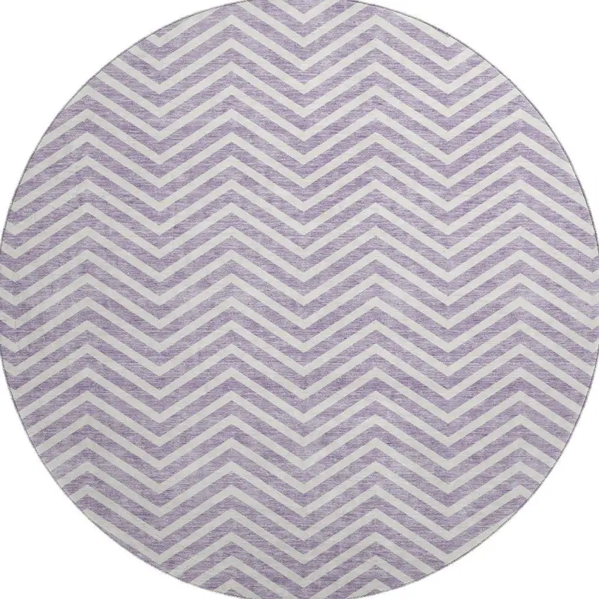 8' Lilac And Ivory Chevron Washable Round Rug With UV Protection Photo 3