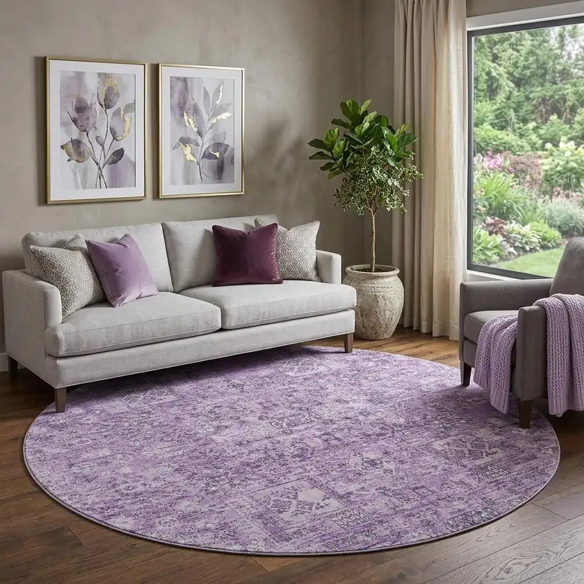 8' Lilac And Ivory Floral Washable Round Rug With UV Protection Photo 1