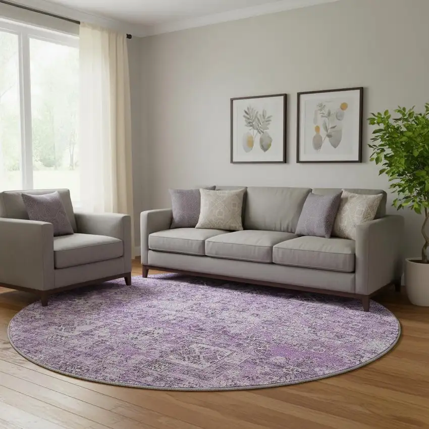 8' Lilac And Ivory Floral Washable Round Rug With UV Protection Photo 1