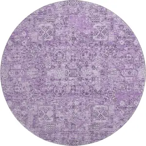 Photo of 8' Lilac And Ivory Floral Washable Round Rug With UV Protection