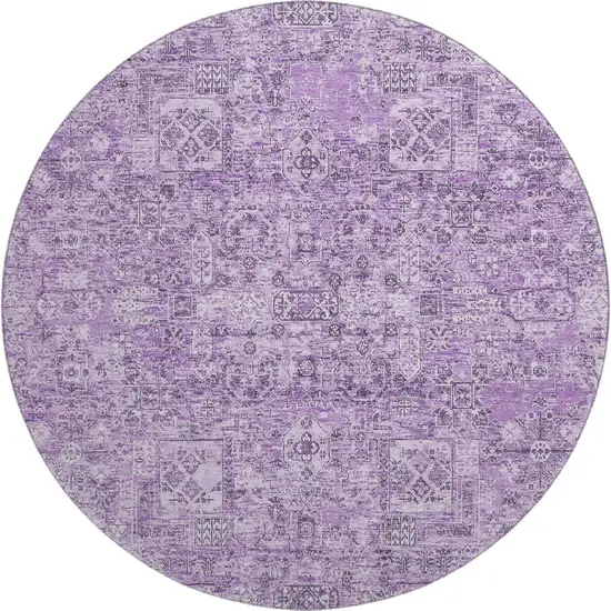 8' Lilac And Ivory Floral Washable Round Rug With UV Protection Photo 1