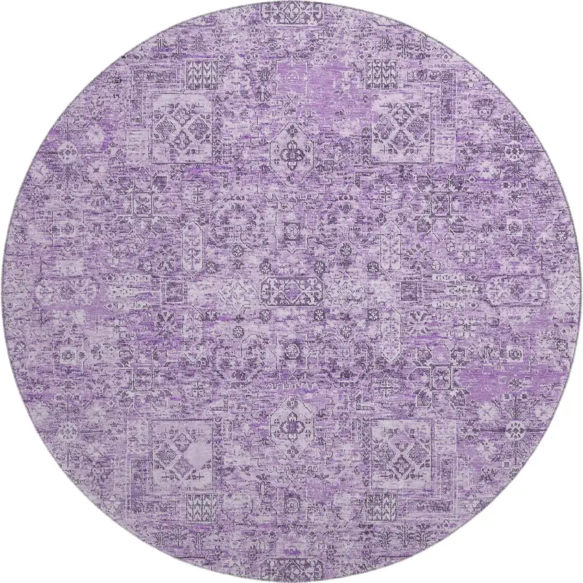 8' Lilac And Ivory Floral Washable Round Rug With UV Protection Photo 1