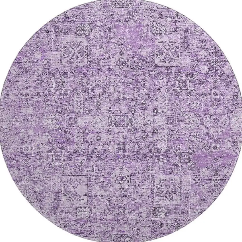 8' Lilac And Ivory Floral Washable Round Rug With UV Protection Photo 4