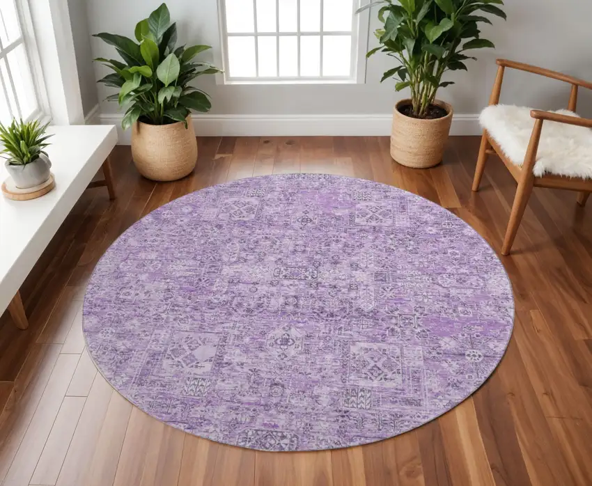 8' Lilac And Ivory Floral Washable Round Rug With UV Protection Photo 2