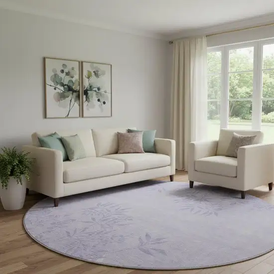 8' Lilac And Ivory Floral Washable Round Rug With UV Protection Photo 1