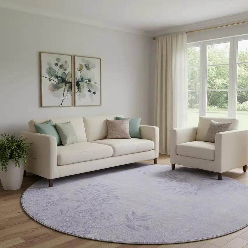 8' Lilac And Ivory Floral Washable Round Rug With UV Protection Photo 1