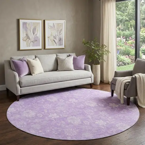 8' Lilac And Ivory Floral Washable Round Rug With UV Protection Photo 1