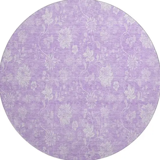 8' Lilac And Ivory Floral Washable Round Rug With UV Protection Photo 3