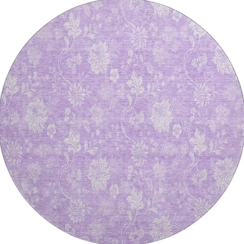8' Lilac And Ivory Floral Washable Round Rug With UV Protection Photo 3