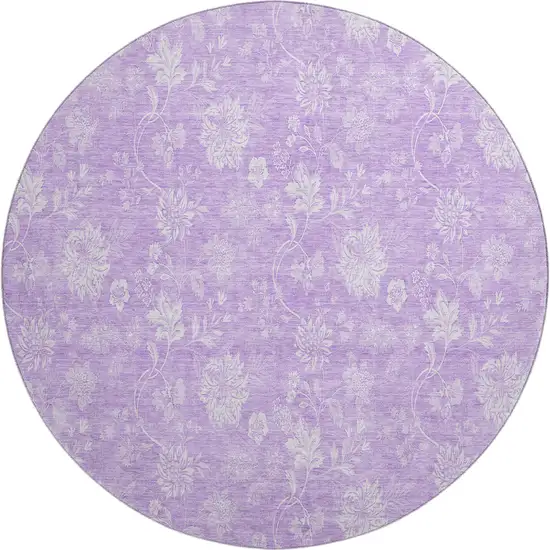 8' Lilac And Ivory Floral Washable Round Rug With UV Protection Photo 2