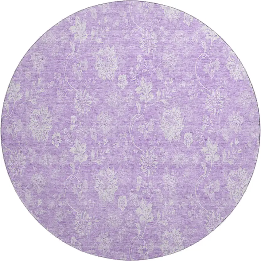 8' Lilac And Ivory Floral Washable Round Rug With UV Protection Photo 2