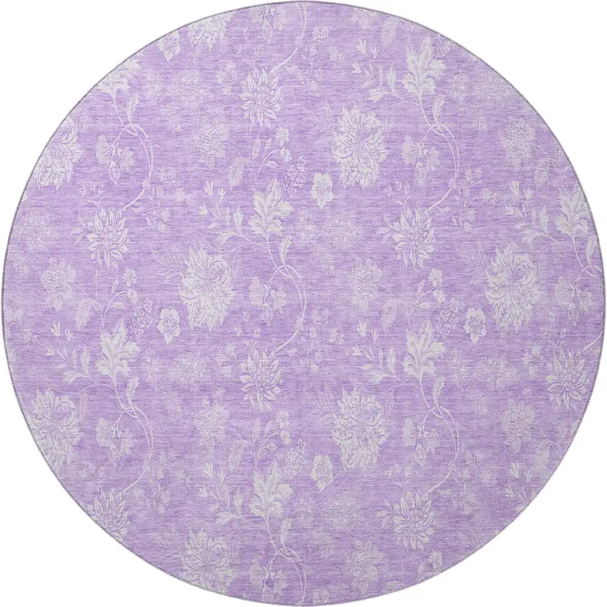 8' Lilac And Ivory Floral Washable Round Rug With UV Protection Photo 4