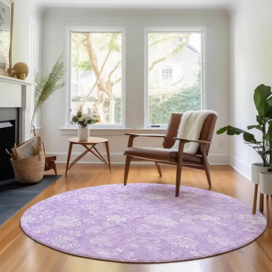 8' Lilac And Ivory Floral Washable Round Rug With UV Protection Photo 5