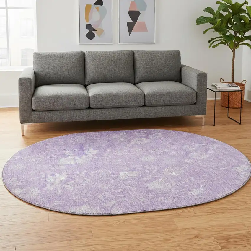 8' Lilac And Ivory Floral Washable Round Rug With UV Protection Photo 2