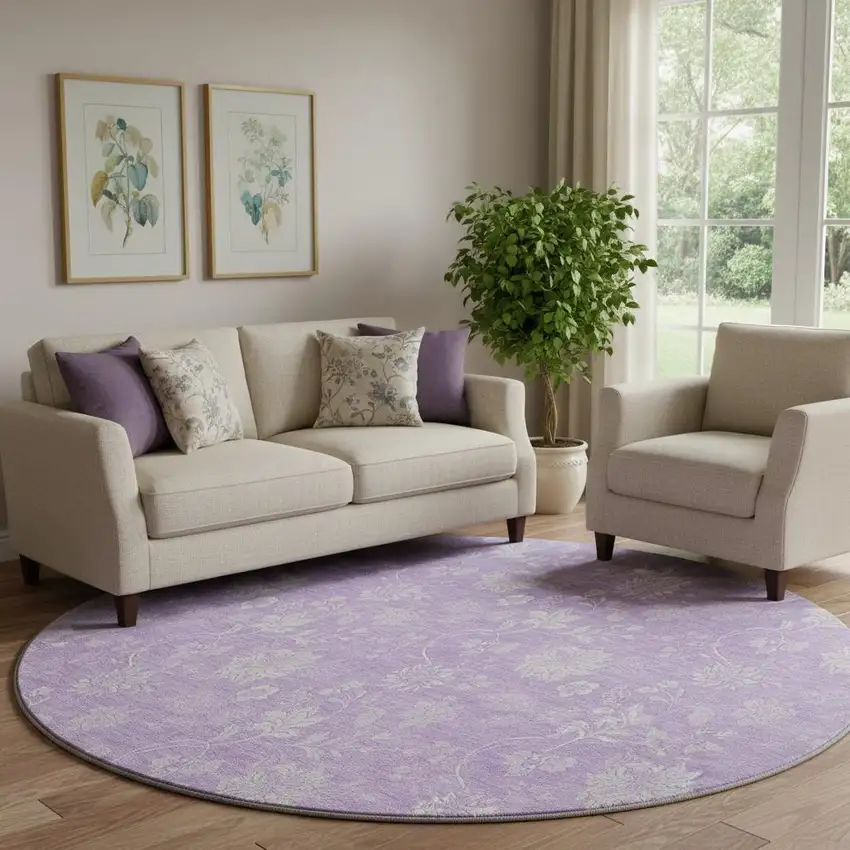 8' Lilac And Ivory Floral Washable Round Rug With UV Protection Photo 1