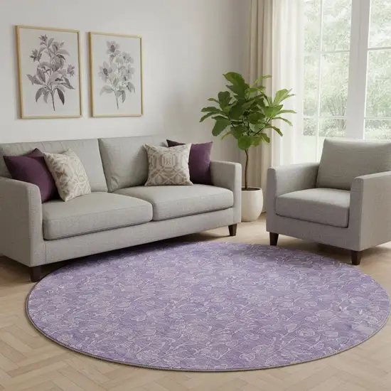 8' Lilac And Ivory Floral Washable Round Rug With UV Protection Photo 1
