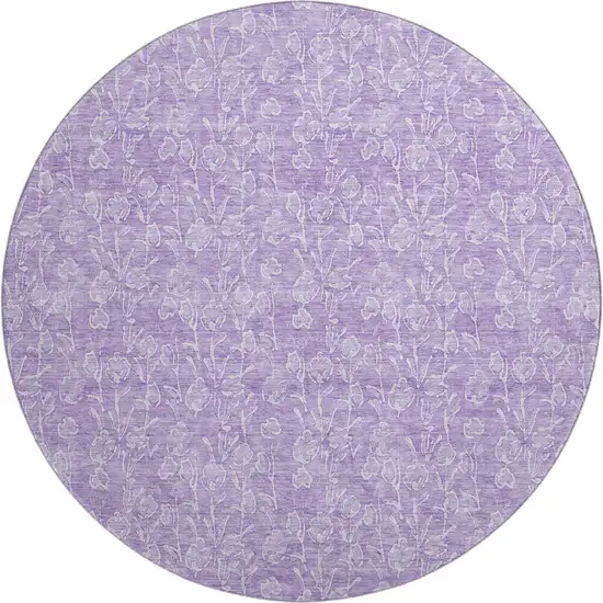 8' Lilac And Ivory Floral Washable Round Rug With UV Protection Photo 1