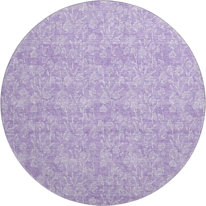 8' Lilac And Ivory Floral Washable Round Rug With UV Protection Photo 1