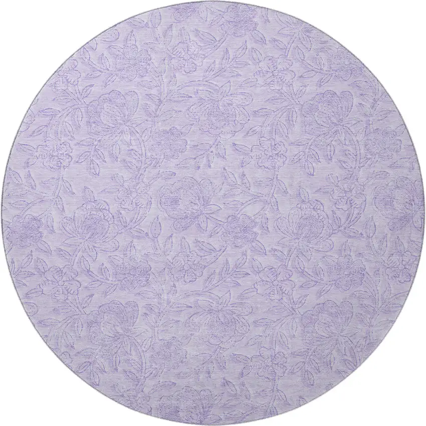 8' Lilac And Ivory Floral Washable Round Rug With UV Protection Photo 4