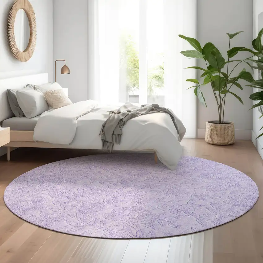 8' Lilac And Ivory Floral Washable Round Rug With UV Protection Photo 5