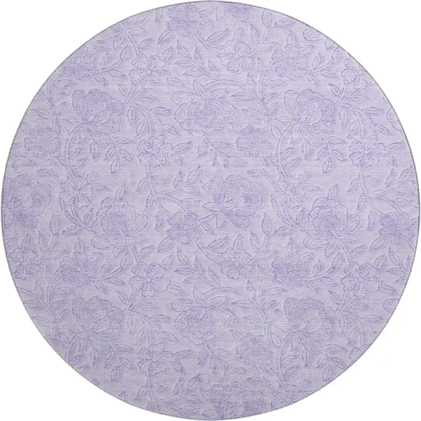 8' Lilac And Ivory Floral Washable Round Rug With UV Protection Photo 1