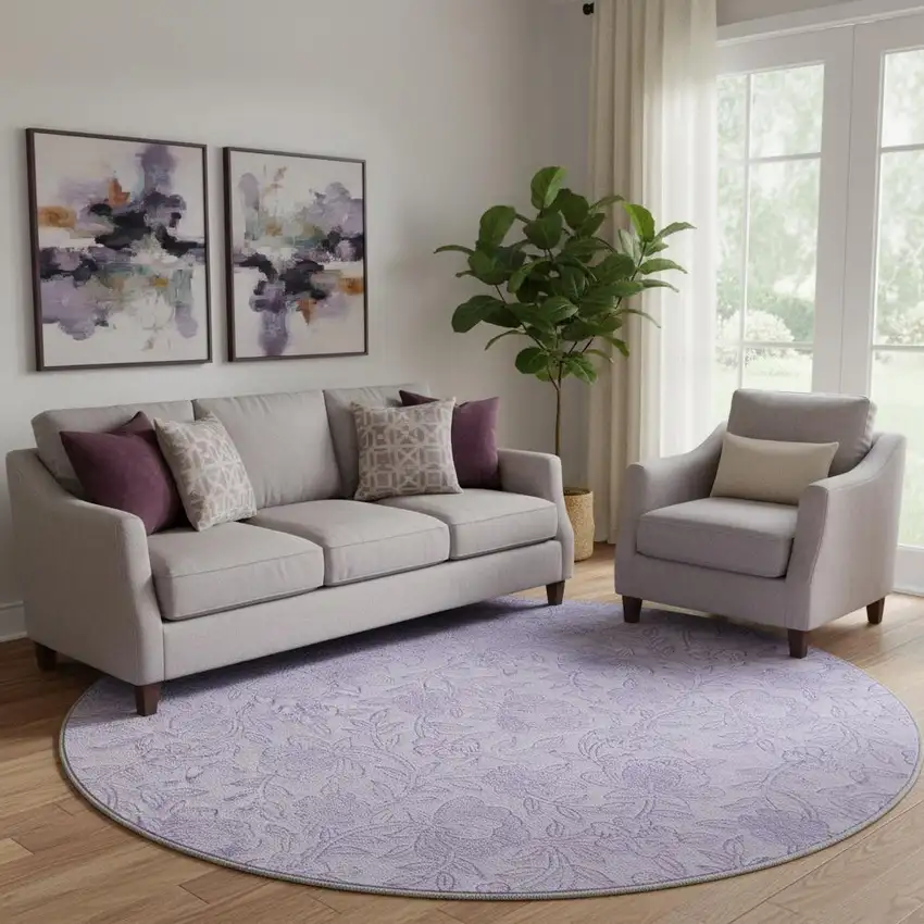 8' Lilac And Ivory Floral Washable Round Rug With UV Protection Photo 1