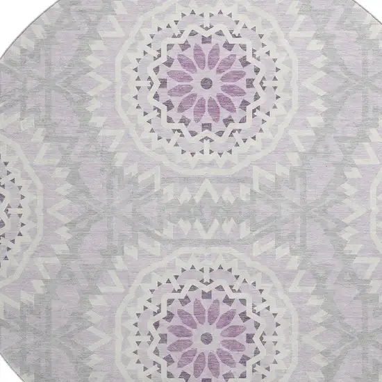 8' Lilac And Ivory Geometric Washable Round Rug With UV Protection Photo 3