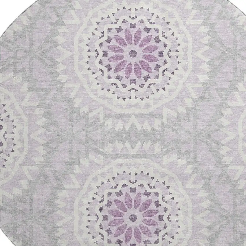 8' Lilac And Ivory Geometric Washable Round Rug With UV Protection Photo 3