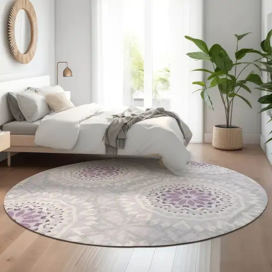 8' Lilac And Ivory Geometric Washable Round Rug With UV Protection Photo 5