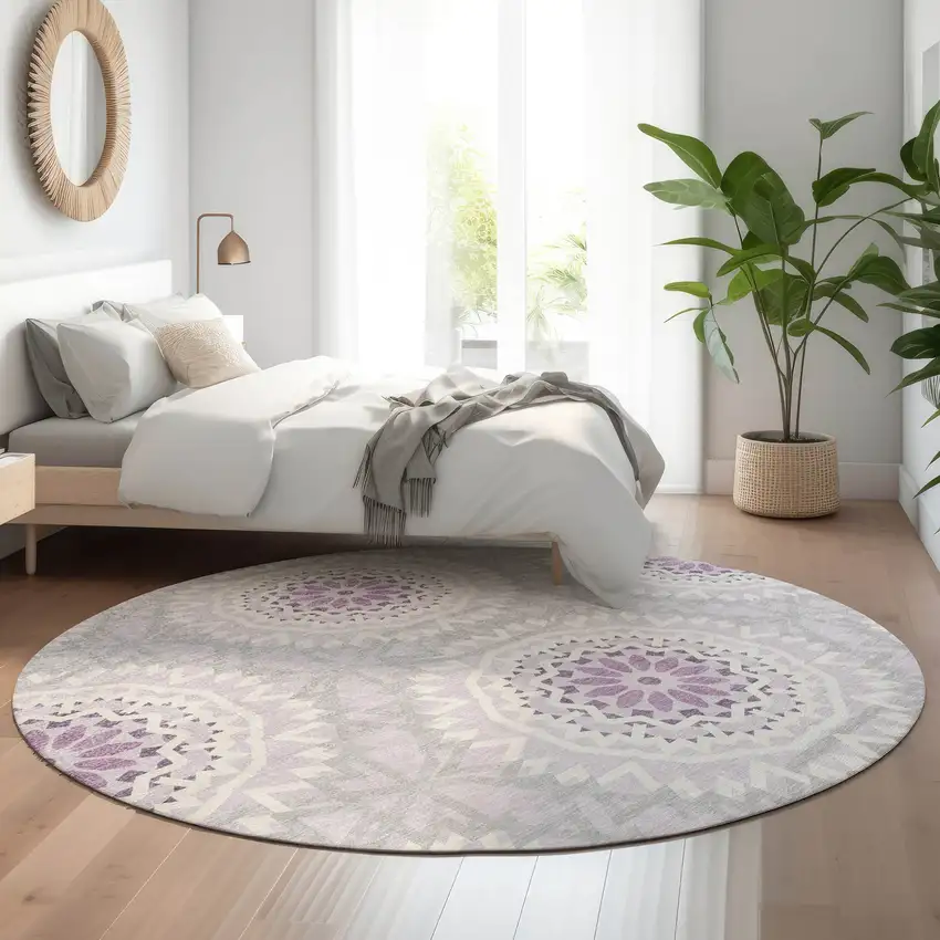 8' Lilac And Ivory Geometric Washable Round Rug With UV Protection Photo 5