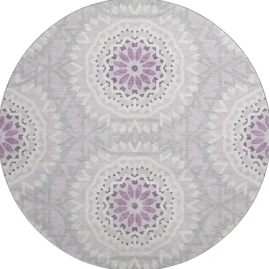 8' Lilac And Ivory Geometric Washable Round Rug With UV Protection Photo 4