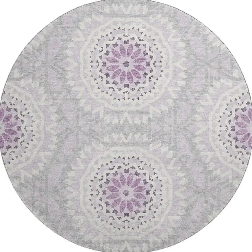 8' Lilac And Ivory Geometric Washable Round Rug With UV Protection Photo 4