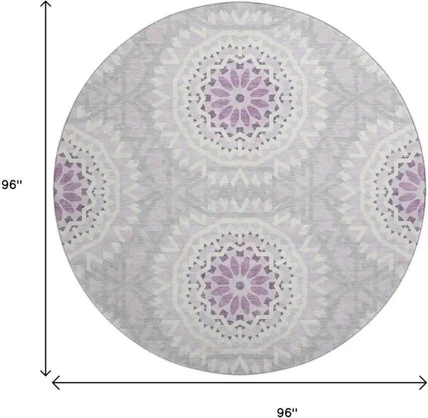 8' Lilac And Ivory Geometric Washable Round Rug With UV Protection Photo 3